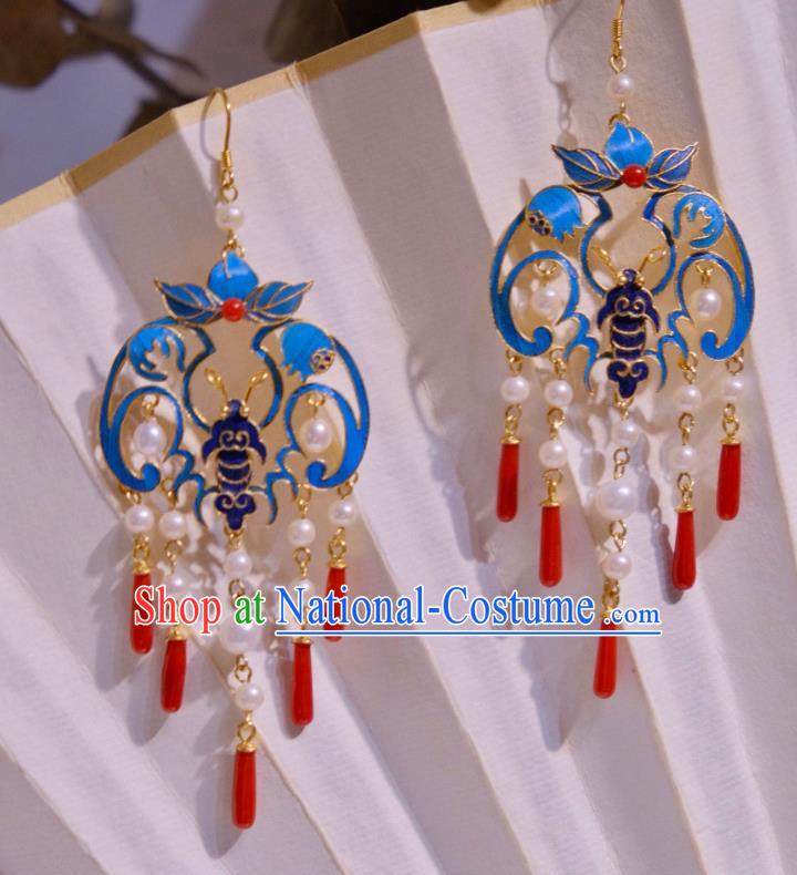 Chinese Ancient Qing Dynasty Court Blueing Ear Accessories Traditional Culture Jewelry Agate Tassel Earrings