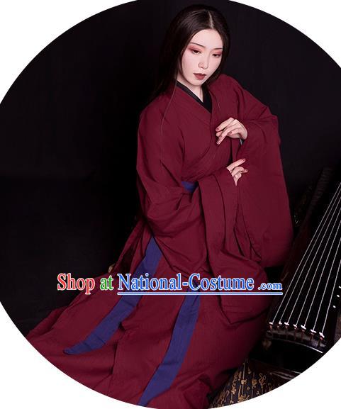 China Traditional Jin Dynasty Palace Lady Historical Clothing Ancient Young Beauty Wine Red Hanfu Robe