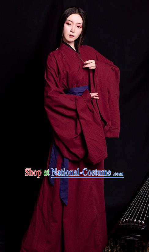 China Traditional Jin Dynasty Palace Lady Historical Clothing Ancient Young Beauty Wine Red Hanfu Robe