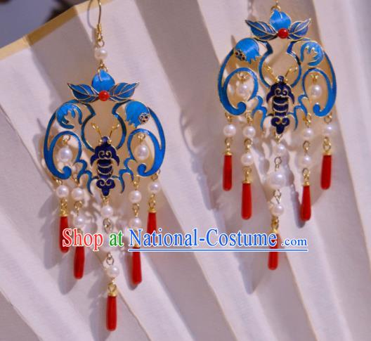 Chinese Ancient Qing Dynasty Court Blueing Ear Accessories Traditional Culture Jewelry Agate Tassel Earrings