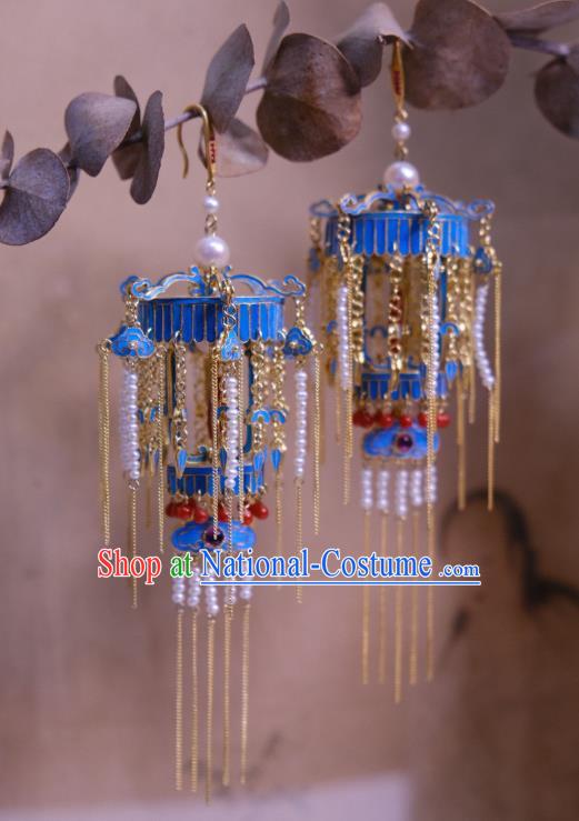 Chinese Ancient Qing Dynasty Pearls Tassel Ear Accessories Traditional Culture Jewelry Blueing Lantern Earrings