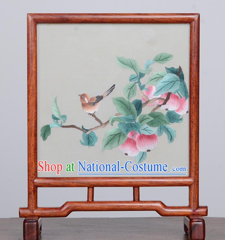 Chinese Handmade Rosewood Table Ornament Traditional Suzhou Embroidery Desk Screen