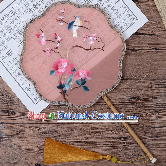 Chinese Traditional Song Dynasty Palace Fan Embroidered Begonia Fan Handmade Pink Silk Fan