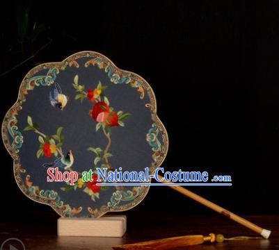 Chinese Handmade Navy Silk Fan Traditional Palace Fan Embroidered Pomegranate Fan