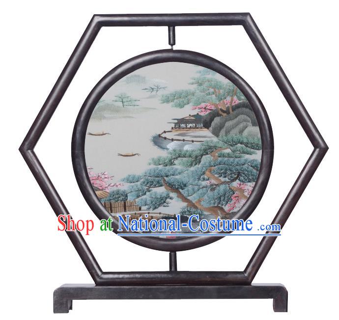 Chinese Traditional Suzhou Embroidery Landscape Desk Screen Handmade Wenge Hexagon Table Decoration