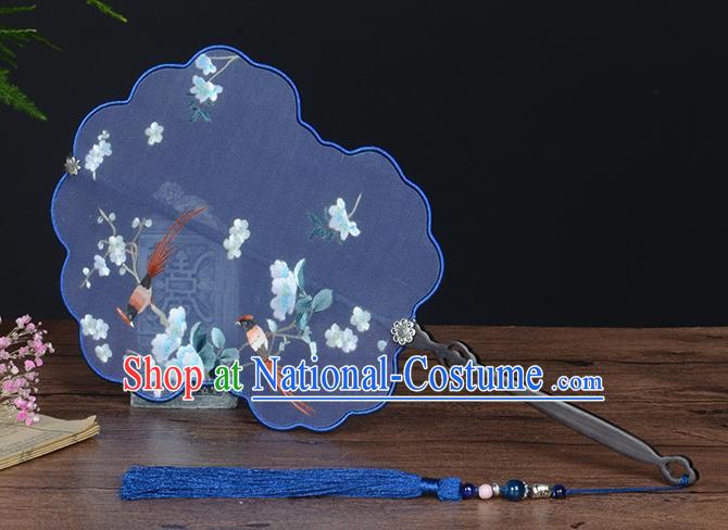 Chinese Handmade Deep Blue Silk Fan Traditional Wedding Palace Fan Embroidered Plum Blossom Fan