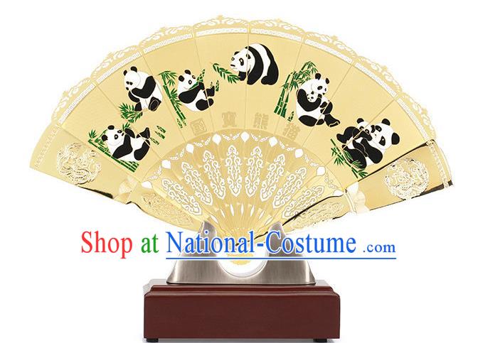 Chinese Handmade Brass Fan Traditional Folding Fan Printing Panda Accordion Decoration