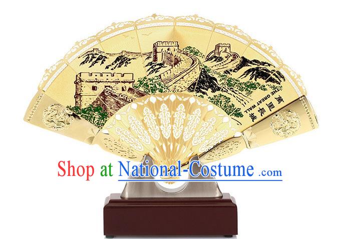 Chinese Handmade Brass Fan Traditional Folding Fan Printing The Great Wall Accordion Decoration