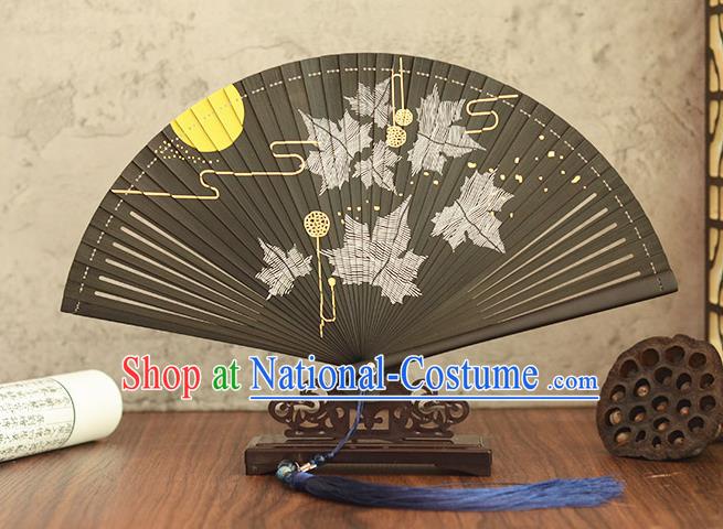 Chinese Handmade Black Bamboo Fan Traditional Folding Fan Printing Maple Leaf Accordion