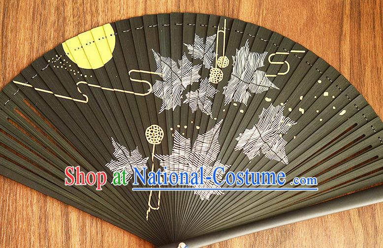 Chinese Handmade Black Bamboo Fan Traditional Folding Fan Printing Maple Leaf Accordion