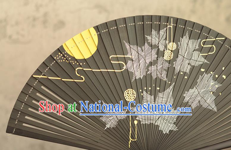 Chinese Handmade Black Bamboo Fan Traditional Folding Fan Printing Maple Leaf Accordion