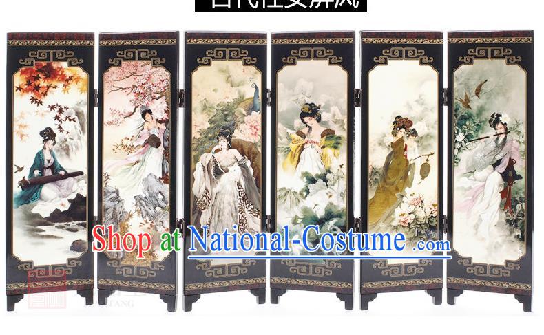 Chinese Traditional Printing Palace Lady Folding Screen Handmade Lacquerware Table Decoration