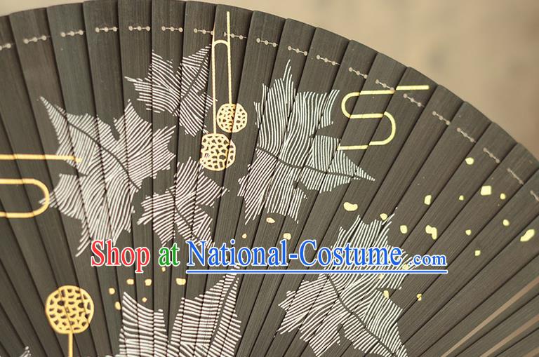 Chinese Handmade Black Bamboo Fan Traditional Folding Fan Printing Maple Leaf Accordion