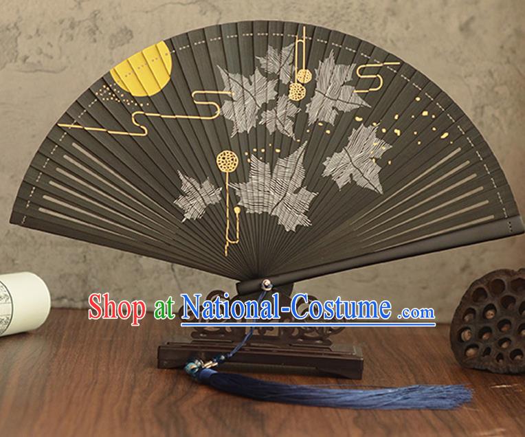 Chinese Handmade Black Bamboo Fan Traditional Folding Fan Printing Maple Leaf Accordion