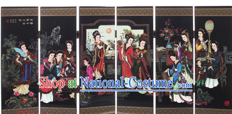 Chinese Handmade Lacquerware Table Screen Craft Traditional Printing The Twelve Beauty of A Dream in Red Mansions Folding Screen