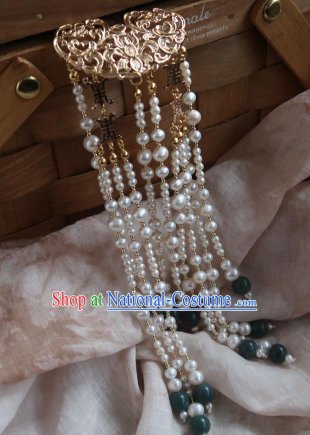 China Handmade Hanfu Pearls Tassel Hairpin Traditional Ancient Ming Dynasty Golden Lotus Hair Stick