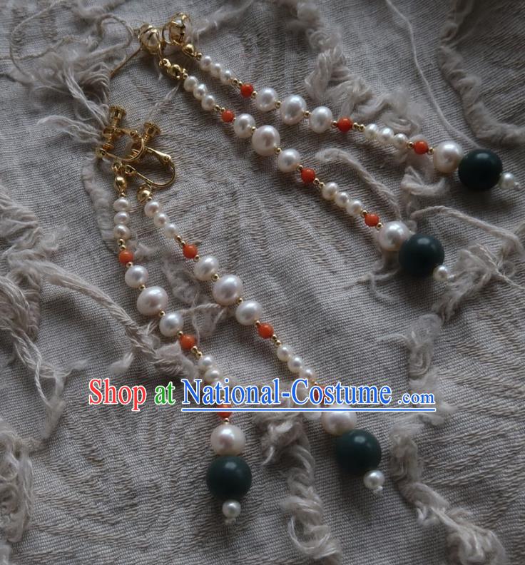 Chinese Traditional Ming Dynasty Pearls Earrings Ancient Princess Ear Accessories