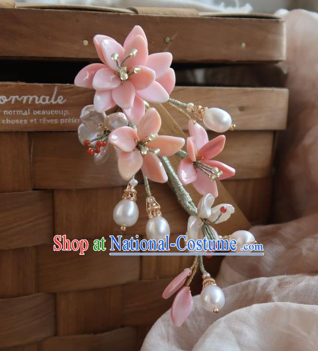 China Handmade Hanfu Shell Pearls Hairpin Traditional Ancient Ming Dynasty Pink Peach Blossom Hair Stick