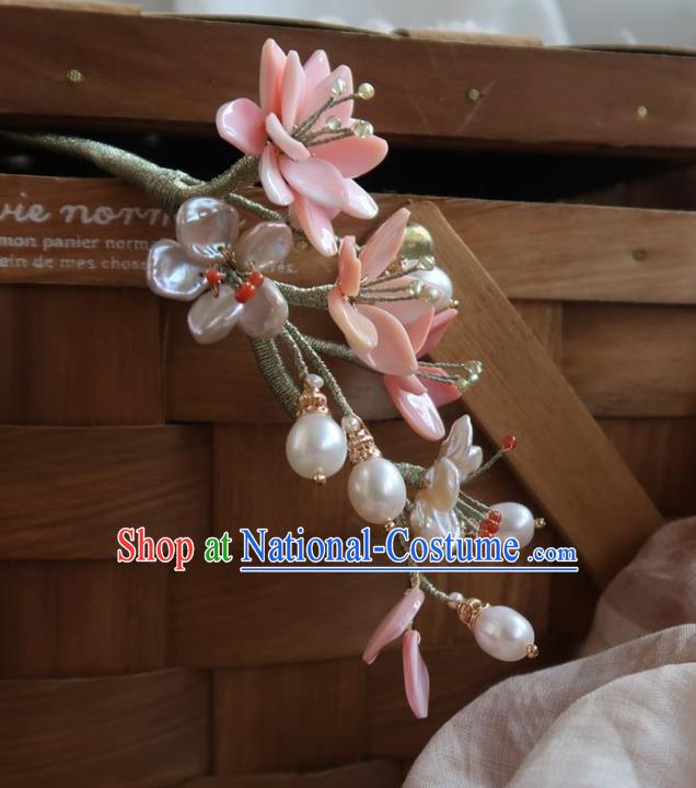 China Handmade Hanfu Shell Pearls Hairpin Traditional Ancient Ming Dynasty Pink Peach Blossom Hair Stick