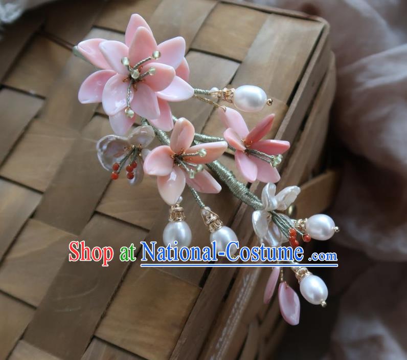 China Handmade Hanfu Shell Pearls Hairpin Traditional Ancient Ming Dynasty Pink Peach Blossom Hair Stick