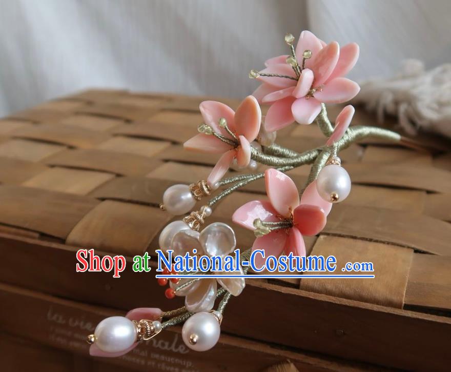 China Handmade Hanfu Shell Pearls Hairpin Traditional Ancient Ming Dynasty Pink Peach Blossom Hair Stick