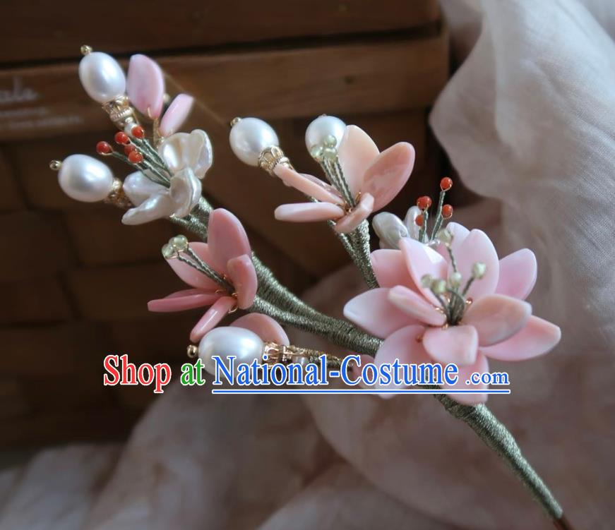 China Handmade Hanfu Shell Pearls Hairpin Traditional Ancient Ming Dynasty Pink Peach Blossom Hair Stick