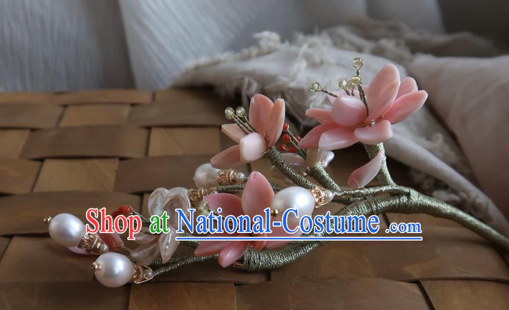 China Handmade Hanfu Shell Pearls Hairpin Traditional Ancient Ming Dynasty Pink Peach Blossom Hair Stick