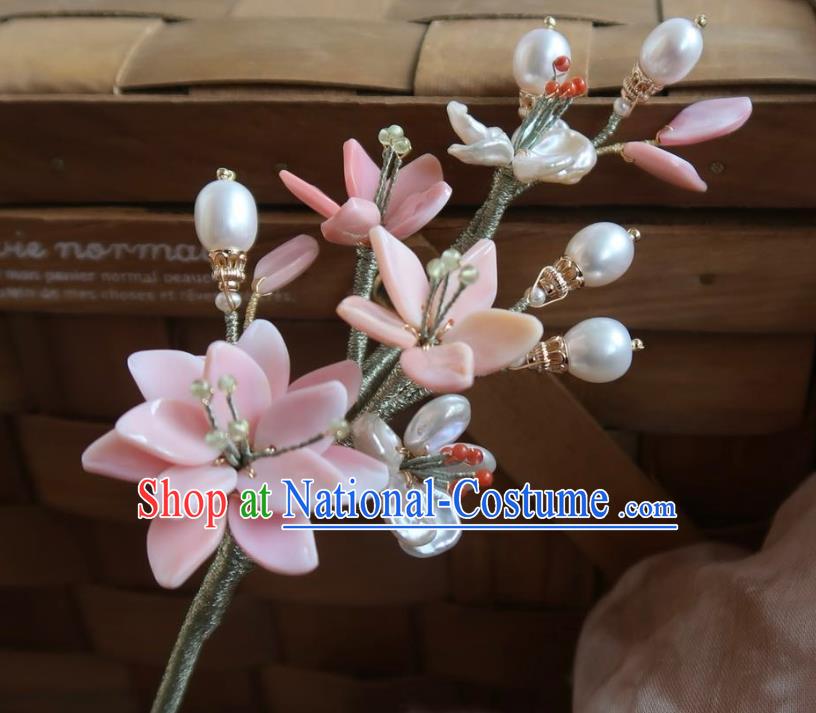 China Handmade Hanfu Shell Pearls Hairpin Traditional Ancient Ming Dynasty Pink Peach Blossom Hair Stick