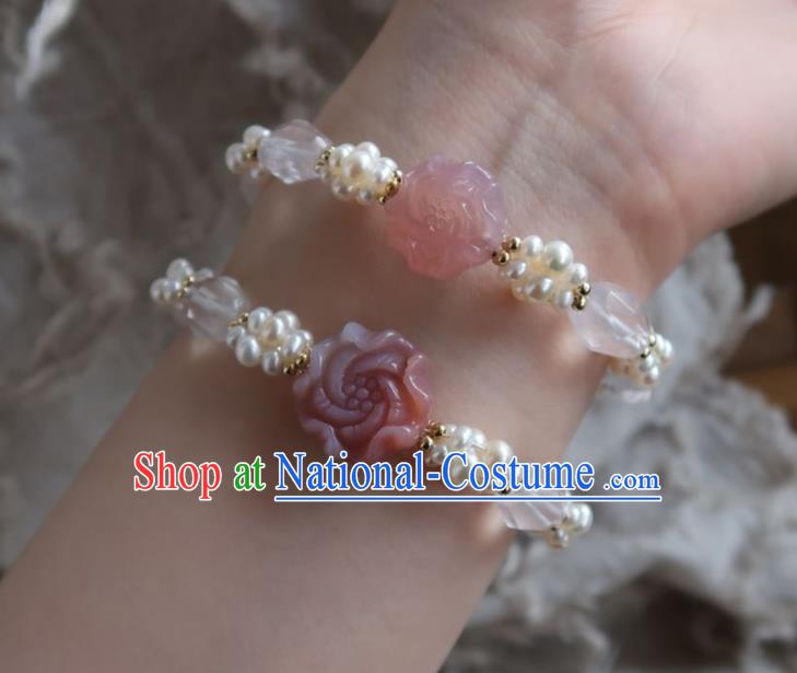 Handmade Chinese Pearls Bangle Carving Peony Wristlet Accessories Traditional Hanfu Bracelet