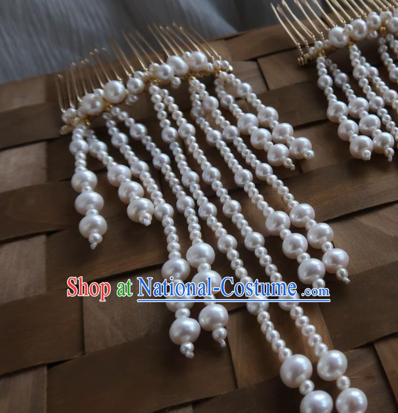 China Handmade Hanfu Hairpin Traditional Ancient Ming Dynasty Pearls Tassel Hair Comb