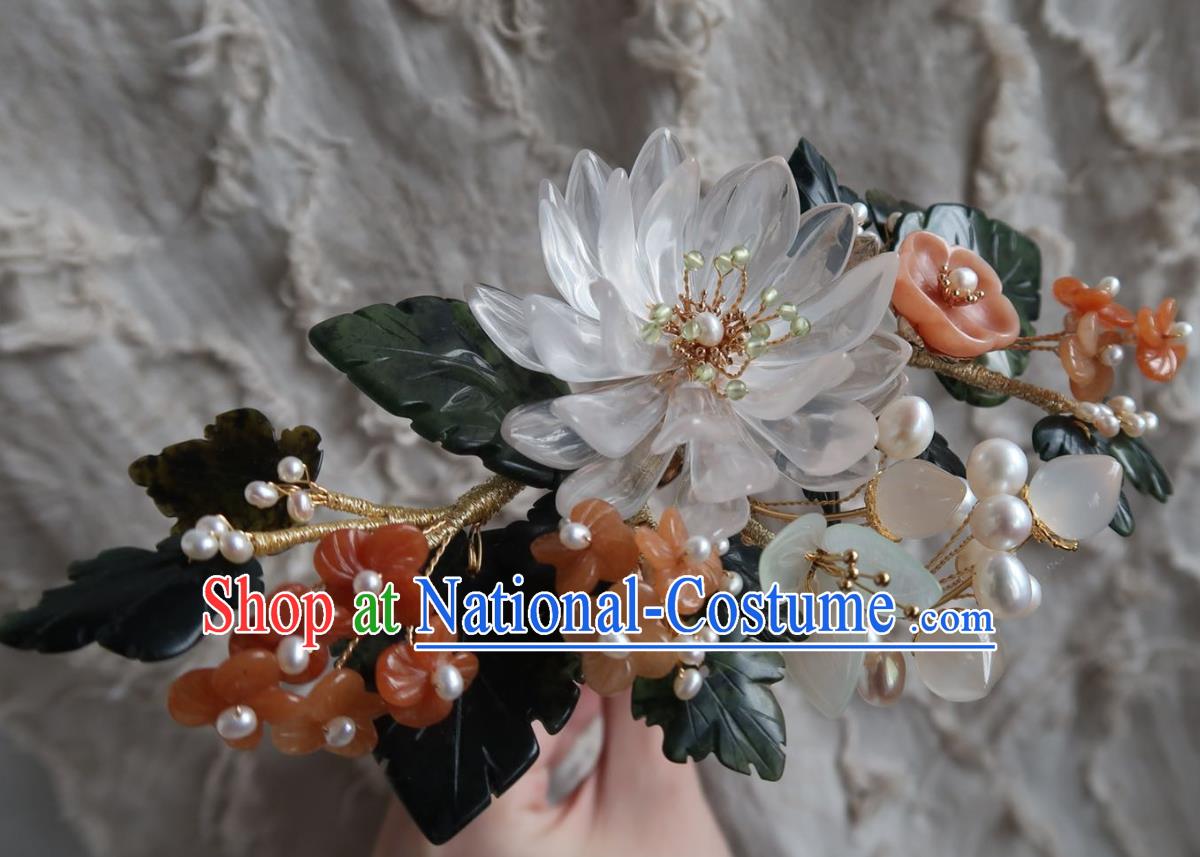 China Handmade Hanfu White Epiphyllum Hairpin Traditional Ancient Ming Dynasty Agate Plum Hair Stick