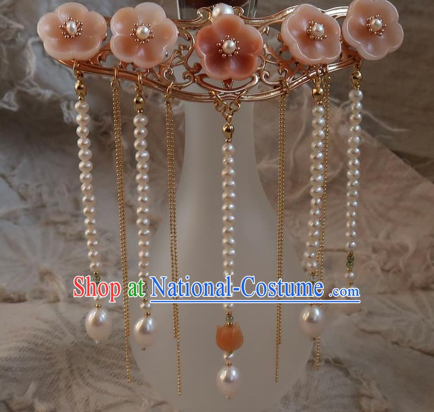 China Handmade Hanfu Pearls Tassel Hairpin Traditional Ancient Ming Dynasty Princess Pink Plum Blossom Hair Stick