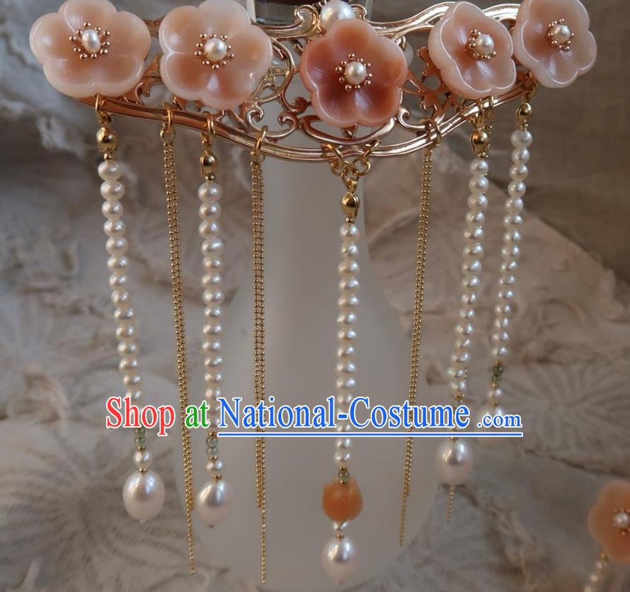 China Handmade Hanfu Pearls Tassel Hairpin Traditional Ancient Ming Dynasty Princess Pink Plum Blossom Hair Stick