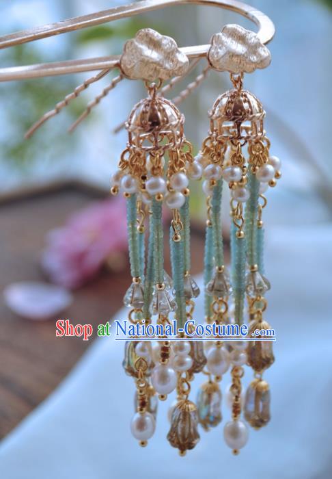 China Handmade Hanfu Golden Hairpin Traditional Ancient Ming Dynasty Princess Pearls Tassel Hair Comb