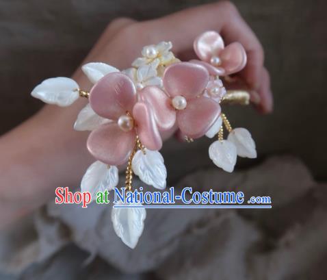 China Handmade Hanfu Shell Leaf Hairpin Traditional Ancient Ming Dynasty Princess Pink Plum Tassel Hair Stick