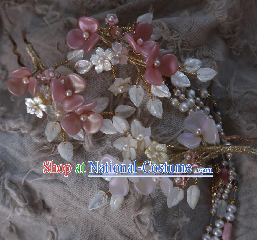 China Handmade Hanfu Shell Leaf Hairpin Traditional Ancient Ming Dynasty Princess Pink Plum Tassel Hair Stick