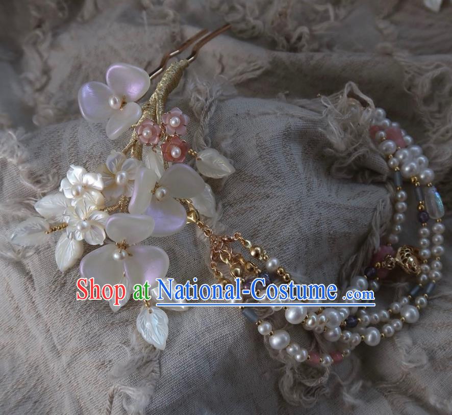 China Traditional Ancient Ming Dynasty Princess White Plum Tassel Hair Stick Handmade Hanfu Shell Leaf Hairpin