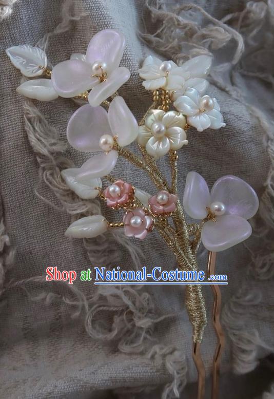 China Traditional Ancient Ming Dynasty Princess White Plum Tassel Hair Stick Handmade Hanfu Shell Leaf Hairpin