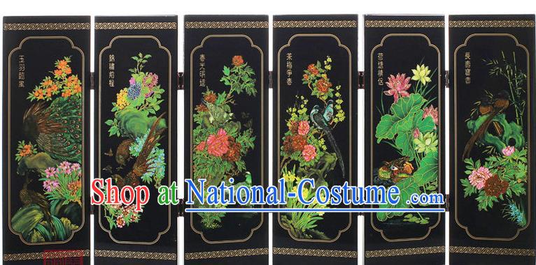 Chinese Traditional Flowers Birds Painting Folding Screen Handmade Lacquerware Black Table Screen