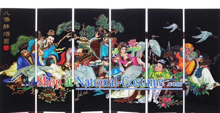 Chinese Handmade Lacquerware Black Table Screen Traditional Eight Immortals Drunkened Painting Folding Screen