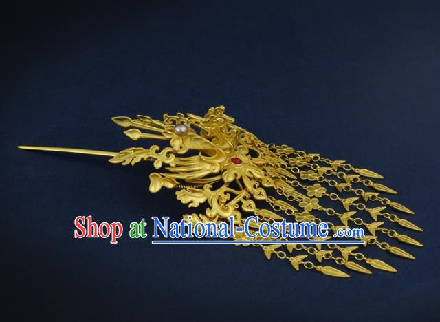 China Traditional Ancient Queen Golden Phoenix Tassel Hair Stick Handmade Ming Dynasty Empress Hairpin