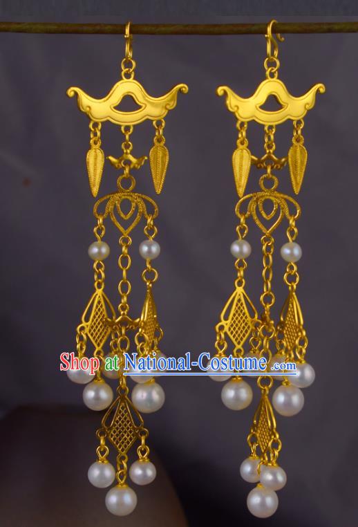 Chinese Traditional Tang Dynasty Pearls Tassel Earrings Ancient Court Woman Golden Ear Accessories