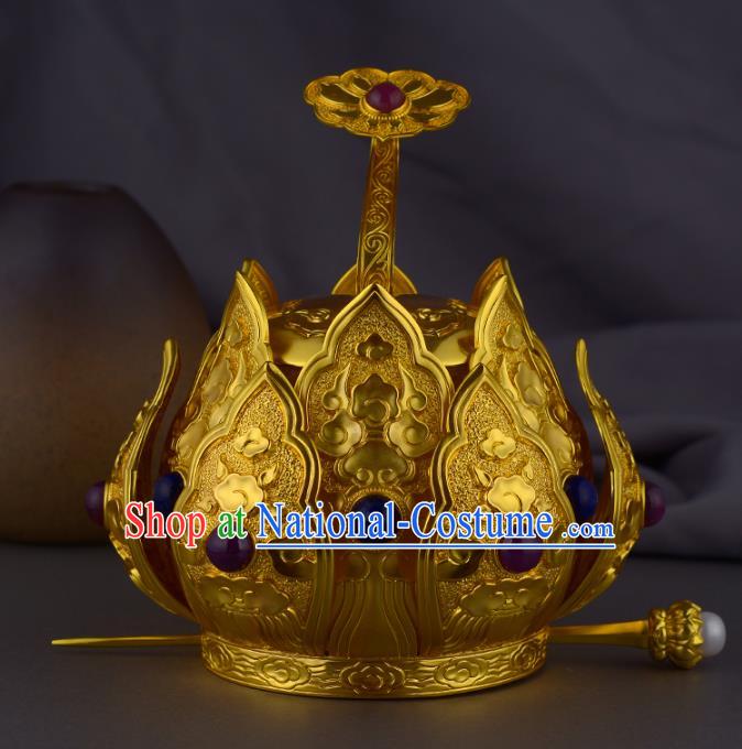 China Ancient Taoist Gems Headwear Handmade Traditional Ming Dynasty Priest Golden Lotus Hair Crown