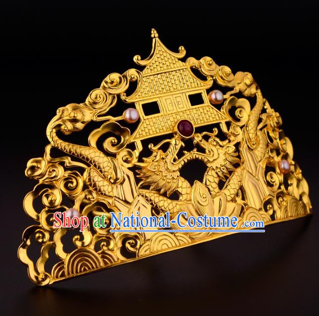 China Ancient Empress Golden Dragon Hairpin Handmade Traditional Ming Dynasty Court Gems Hair Crown