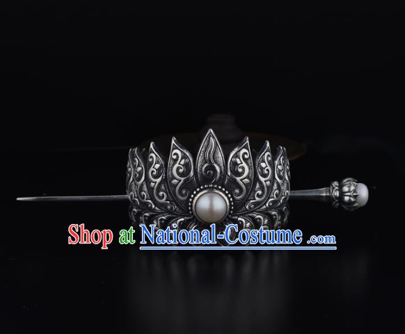 China Ancient Swordsman Pearl Hairpin Handmade Traditional Ming Dynasty Prince Argent Lotus Hair Crown