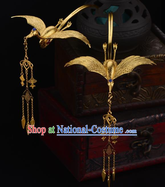 China Ancient Imperial Consort Tassel Hairpin Handmade Traditional Tang Dynasty Palace Golden Crane Hair Stick