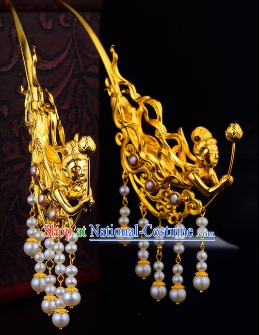 China Ancient Court Woman Pearls Tassel Hairpin Handmade Traditional Tang Dynasty Empress Golden Goddess Hair Stick