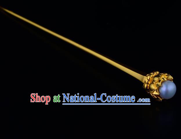 China Ancient Queen Pearl Hairpin Handmade Traditional Tang Dynasty Empress Golden Lotus Hair Stick