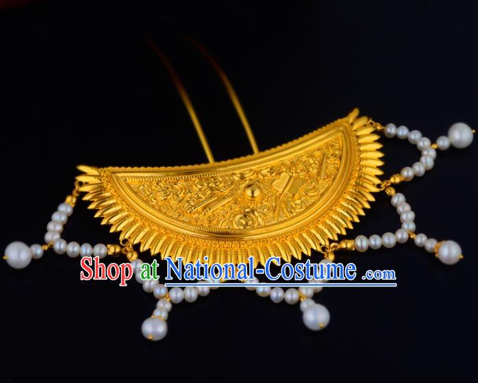 China Ancient Royal Empress Pearls Tassel Hairpin Handmade Traditional Ming Dynasty Noble Woman Hair Stick