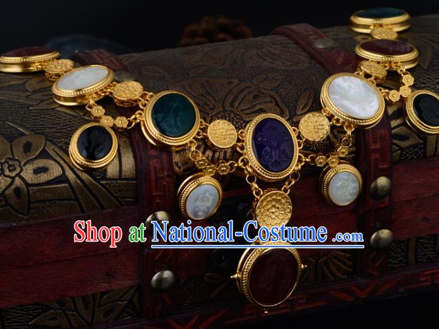 Chinese Ancient Princess Golden Necklace Traditional Sui Dynasty Gems Necklet Jewelry